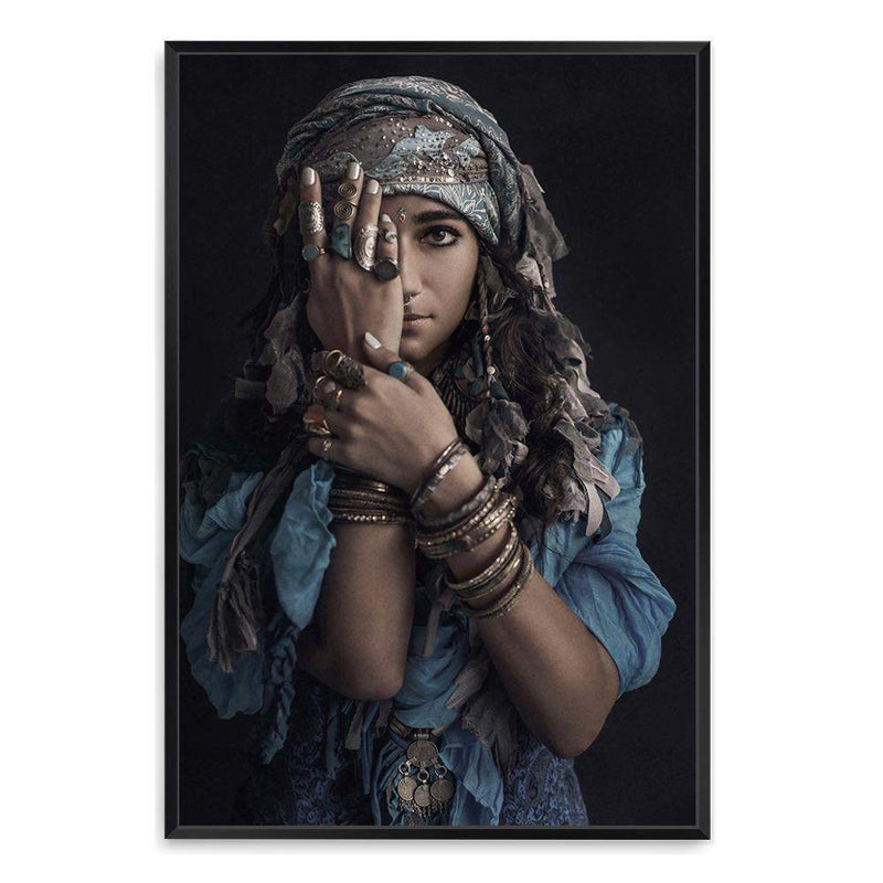 Moroccan Gypsy-The Paper Tree-Artwork,blue,boho,feature female,female,GYPSY,GYPSY WOMAN,moroccan,morocco,portrait,premium art print,TRIBAL,TRIBAL WOMAN,wall art,Wall_Art,Wall_Art_Prints,woman