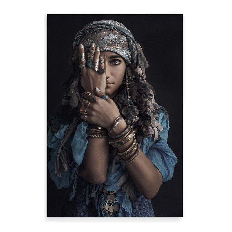 Moroccan Gypsy-The Paper Tree-Artwork,blue,boho,feature female,female,GYPSY,GYPSY WOMAN,moroccan,morocco,portrait,premium art print,TRIBAL,TRIBAL WOMAN,wall art,Wall_Art,Wall_Art_Prints,woman