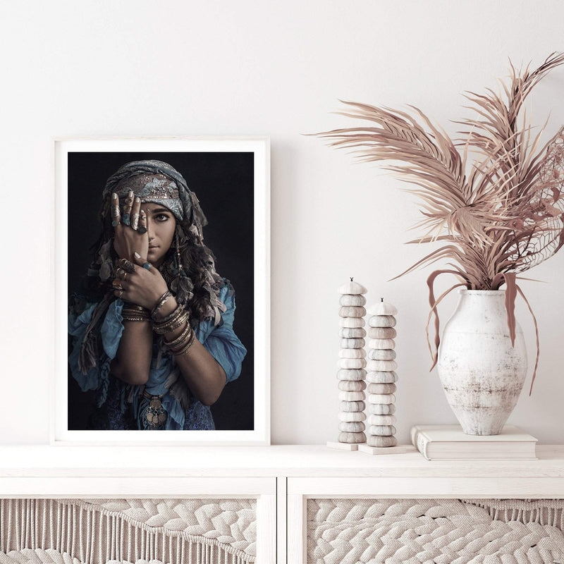 Moroccan Gypsy-The Paper Tree-Artwork,blue,boho,feature female,female,GYPSY,GYPSY WOMAN,moroccan,morocco,portrait,premium art print,TRIBAL,TRIBAL WOMAN,wall art,Wall_Art,Wall_Art_Prints,woman