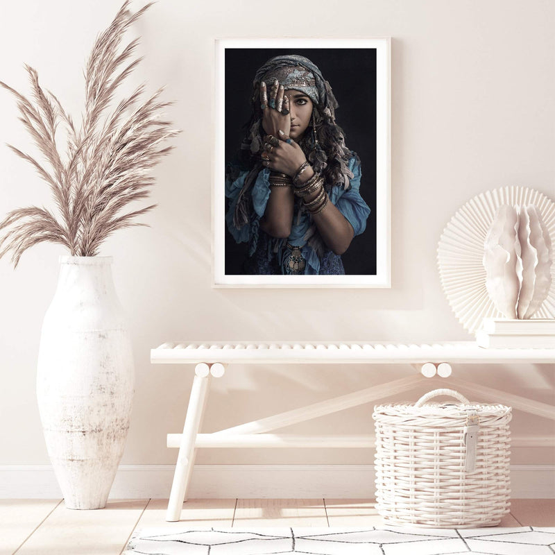 Moroccan Gypsy-The Paper Tree-Artwork,blue,boho,feature female,female,GYPSY,GYPSY WOMAN,moroccan,morocco,portrait,premium art print,TRIBAL,TRIBAL WOMAN,wall art,Wall_Art,Wall_Art_Prints,woman