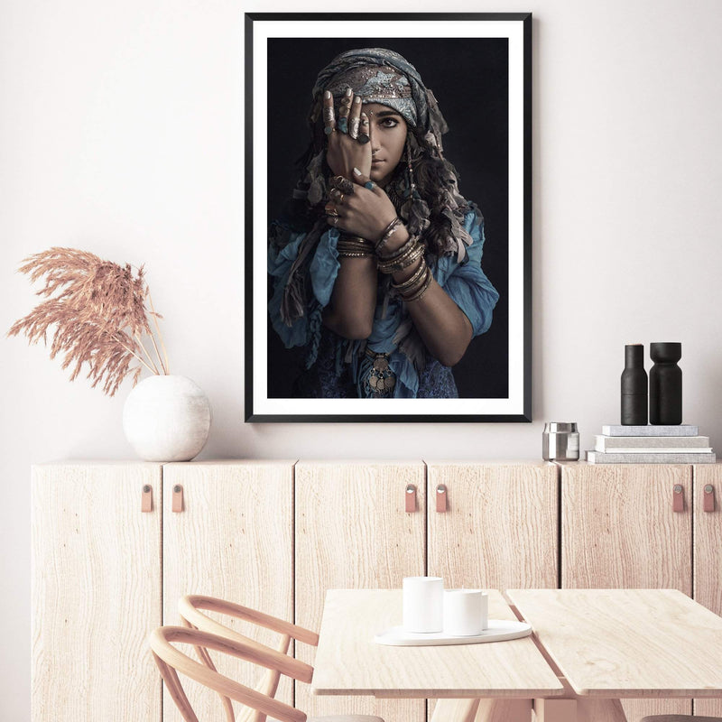 Moroccan Gypsy-The Paper Tree-Artwork,blue,boho,feature female,female,GYPSY,GYPSY WOMAN,moroccan,morocco,portrait,premium art print,TRIBAL,TRIBAL WOMAN,wall art,Wall_Art,Wall_Art_Prints,woman