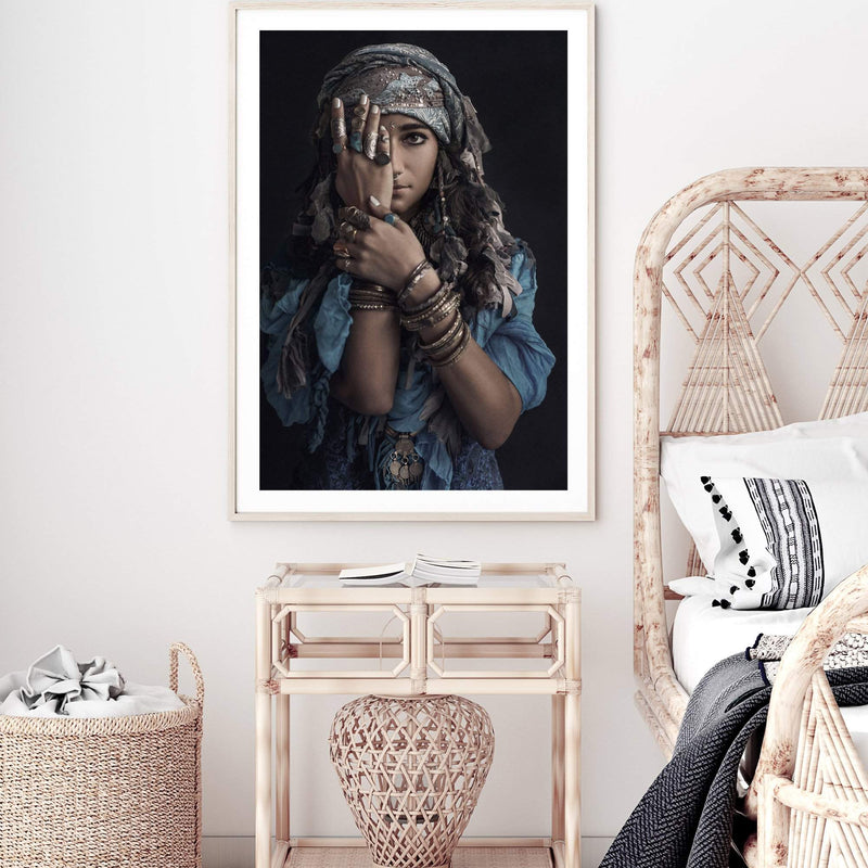 Moroccan Gypsy-The Paper Tree-Artwork,blue,boho,feature female,female,GYPSY,GYPSY WOMAN,moroccan,morocco,portrait,premium art print,TRIBAL,TRIBAL WOMAN,wall art,Wall_Art,Wall_Art_Prints,woman