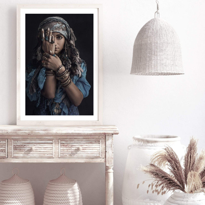 Moroccan Gypsy-The Paper Tree-Artwork,blue,boho,feature female,female,GYPSY,GYPSY WOMAN,moroccan,morocco,portrait,premium art print,TRIBAL,TRIBAL WOMAN,wall art,Wall_Art,Wall_Art_Prints,woman