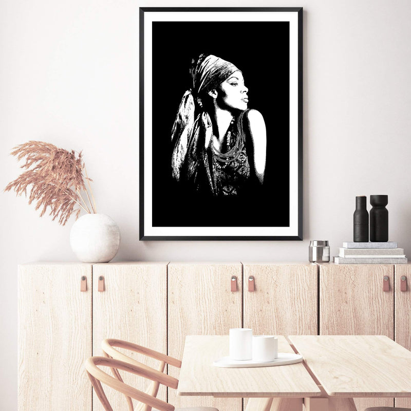 Boho Gypsy Silhouette-The Paper Tree-Abstract,Artwork,black,black & white,BLACK AND WHITE,bohemian,boho,gypsy,gypsy woman,monochrome,portrait,premium art print,tribal,wall art,Wall_Art,Wall_Art_Prints