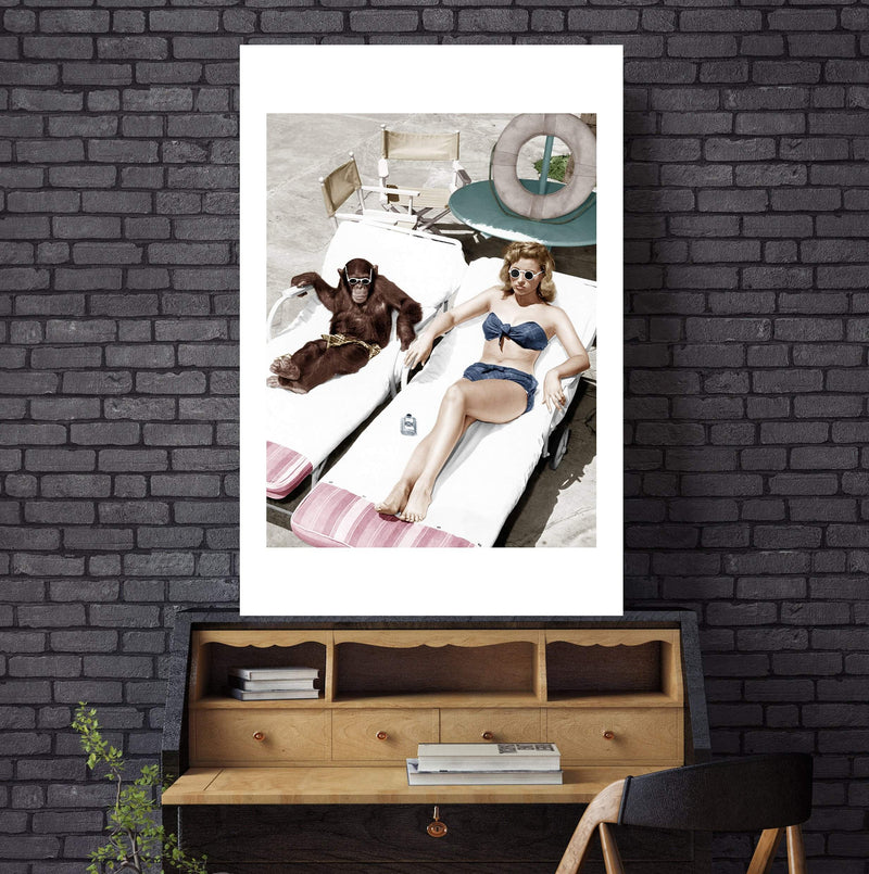 Vintage Sunbathers-The Paper Tree-america,Artwork,blue,boho,chimp,chimpanzee,fashion,feature art,feature female,female,green,hamptons,miami,monkey,palm springs,pink,portrait,premium art print,retro,retro wall art,sunbake,sunbaker,sunbathing,Vintage,Vintage Artwork,wall art,Wall_Art,Wall_Art_Prints,woman