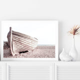 Boat On The Beach-The Paper Tree-beach,boat,boho,coast,coastal,hamptons,landscape,muted tone,NEUTRAL,premium art print,sand,shore,timber boat,wall art,Wall_Art,Wall_Art_Prints,wood