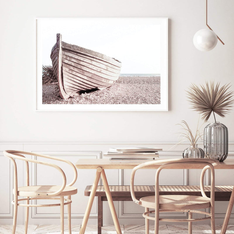 Boat On The Beach-The Paper Tree-beach,boat,boho,coast,coastal,hamptons,landscape,muted tone,NEUTRAL,premium art print,sand,shore,timber boat,wall art,Wall_Art,Wall_Art_Prints,wood