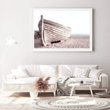 Boat On The Beach-The Paper Tree-beach,boat,boho,coast,coastal,hamptons,landscape,muted tone,NEUTRAL,premium art print,sand,shore,timber boat,wall art,Wall_Art,Wall_Art_Prints,wood