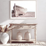 Boat On The Beach-The Paper Tree-beach,boat,boho,coast,coastal,hamptons,landscape,muted tone,NEUTRAL,premium art print,sand,shore,timber boat,wall art,Wall_Art,Wall_Art_Prints,wood