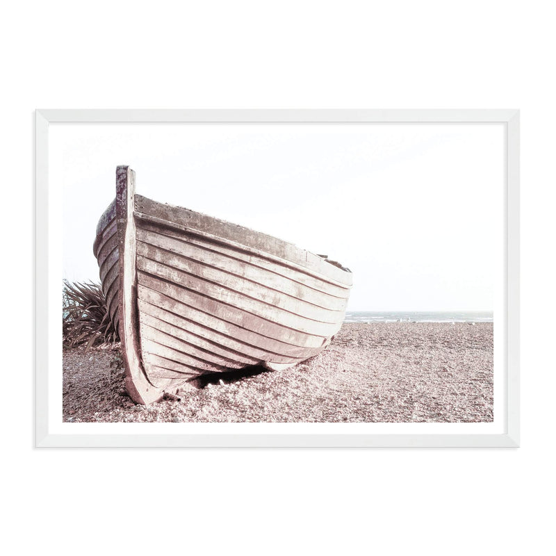 Boat On The Beach-The Paper Tree-beach,boat,boho,coast,coastal,hamptons,landscape,muted tone,NEUTRAL,premium art print,sand,shore,timber boat,wall art,Wall_Art,Wall_Art_Prints,wood