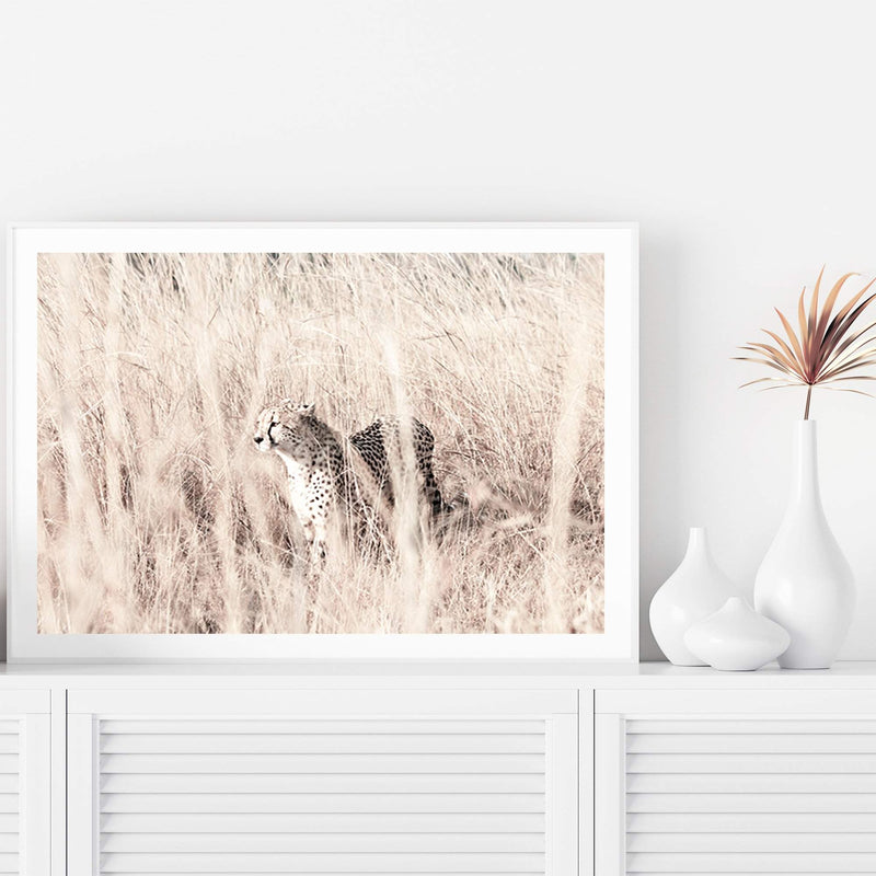 Cheetah In The Grass-The Paper Tree-africa,african,animal,boho,cat,cheetah,grass,landscape,nature,neutral,premium art print,tall grass,wall art,Wall_Art,Wall_Art_Prints