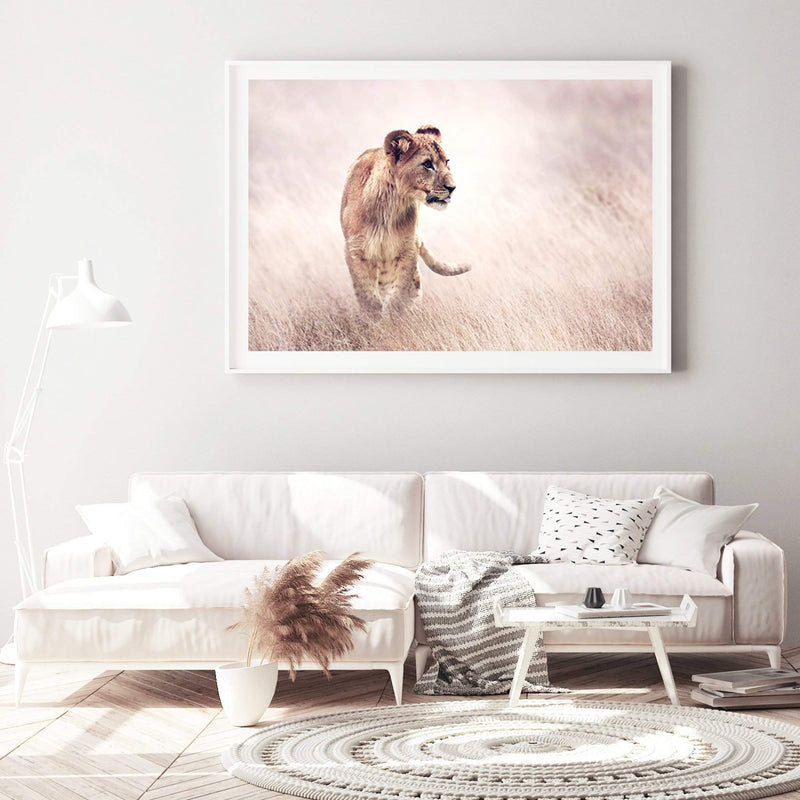 Lion On The Prowl-The Paper Tree-Africa,African,Animal,boho,cat,hunt,Hunting,landscape,leo,lion,nature,neutral,premium art print,TAN,wall art,Wall_Art,Wall_Art_Prints