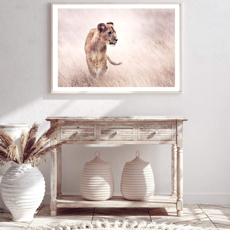 Lion On The Prowl-The Paper Tree-Africa,African,Animal,boho,cat,hunt,Hunting,landscape,leo,lion,nature,neutral,premium art print,TAN,wall art,Wall_Art,Wall_Art_Prints