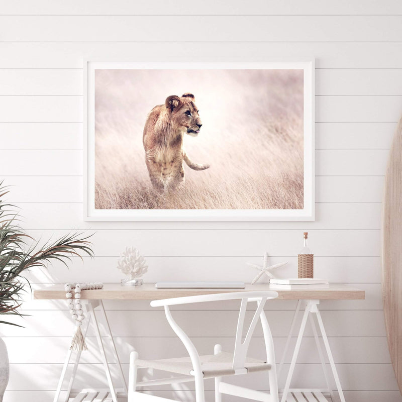 Lion On The Prowl-The Paper Tree-Africa,African,Animal,boho,cat,hunt,Hunting,landscape,leo,lion,nature,neutral,premium art print,TAN,wall art,Wall_Art,Wall_Art_Prints