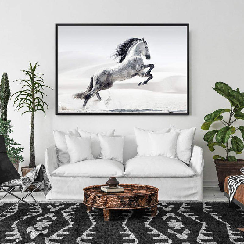 White Stallion-The Paper Tree-animal,black & white,hamptons,horse,landscape,monochrome,morocco,nature,neutral,premium art print,stallion,wall art,Wall_Art,Wall_Art_Prints,white horse,white stallion