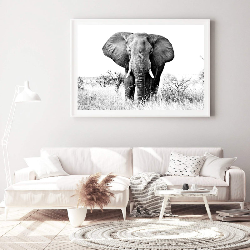 The Elephant-The Paper Tree-africa,african,animal,black,black & white,elephant,landscape,monochrome,nature,premium art print,wall art,Wall_Art,Wall_Art_Prints