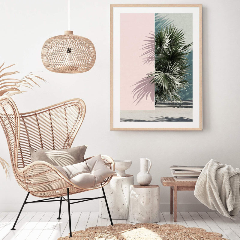 Palms Edge II-The Paper Tree-abstract,america,architecture,boho,building,coastal,green,lines,minimalist,palm frond,palm springs,pink,plam,plam tree,portrait,premium art print,retro,scandi,vintage,wall art,Wall_Art,Wall_Art_Prints