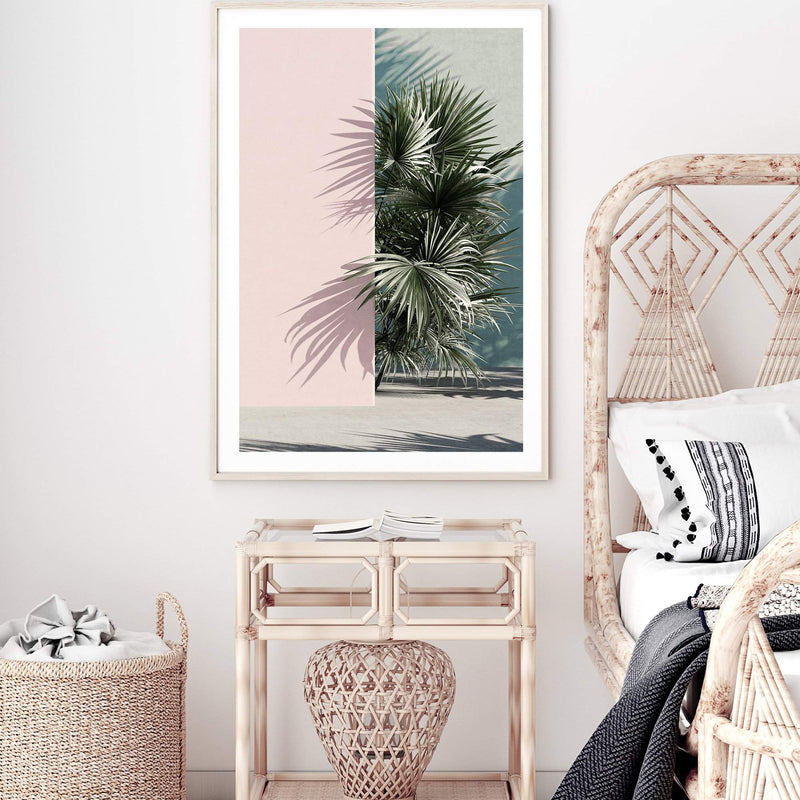 Palms Edge II-The Paper Tree-abstract,america,architecture,boho,building,coastal,green,lines,minimalist,palm frond,palm springs,pink,plam,plam tree,portrait,premium art print,retro,scandi,vintage,wall art,Wall_Art,Wall_Art_Prints