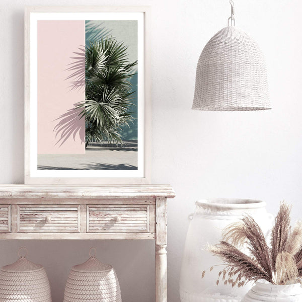 Palms Edge II-The Paper Tree-abstract,america,architecture,boho,building,coastal,green,lines,minimalist,palm frond,palm springs,pink,plam,plam tree,portrait,premium art print,retro,scandi,vintage,wall art,Wall_Art,Wall_Art_Prints