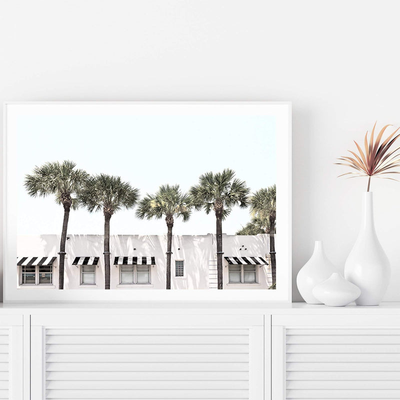 Palms On The Strip-The Paper Tree-ARCHITECTURE,blue,boho,DESIGNER,hamptons,landscape,MIAMI,OLD BUILDING,PALM,PALM TREE,PALMS,premium art print,Vintage,vintage wall art,wall art,Wall_Art,Wall_Art_Prints,white