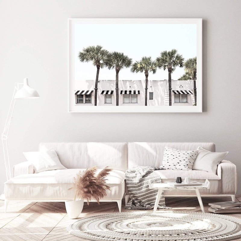 Palms On The Strip-The Paper Tree-ARCHITECTURE,blue,boho,DESIGNER,hamptons,landscape,MIAMI,OLD BUILDING,PALM,PALM TREE,PALMS,premium art print,Vintage,vintage wall art,wall art,Wall_Art,Wall_Art_Prints,white