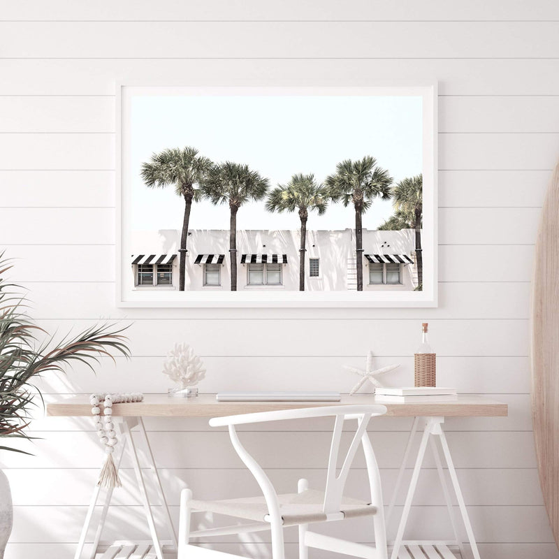 Palms On The Strip-The Paper Tree-ARCHITECTURE,blue,boho,DESIGNER,hamptons,landscape,MIAMI,OLD BUILDING,PALM,PALM TREE,PALMS,premium art print,Vintage,vintage wall art,wall art,Wall_Art,Wall_Art_Prints,white