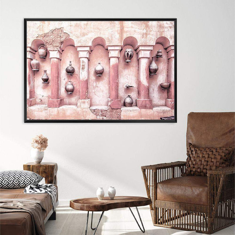 Moroccan Temple-The Paper Tree-arch,arches,architecture,boho,landscape,moroccan,morocco,orange,pastel,pastel pink,pink,pots,premium art print,tan,temple,wall art,Wall_Art,Wall_Art_Prints