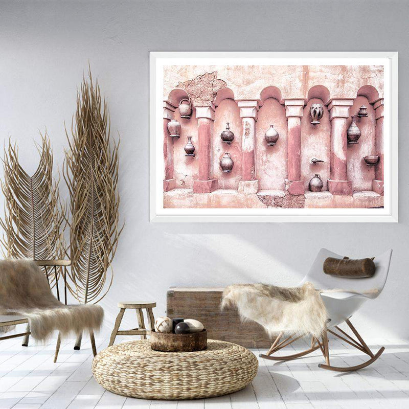 Moroccan Temple-The Paper Tree-arch,arches,architecture,boho,landscape,moroccan,morocco,orange,pastel,pastel pink,pink,pots,premium art print,tan,temple,wall art,Wall_Art,Wall_Art_Prints