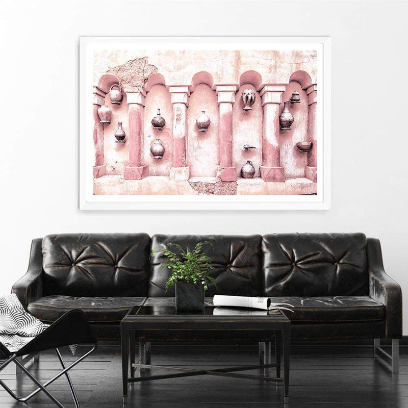 Moroccan Temple-The Paper Tree-arch,arches,architecture,boho,landscape,moroccan,morocco,orange,pastel,pastel pink,pink,pots,premium art print,tan,temple,wall art,Wall_Art,Wall_Art_Prints