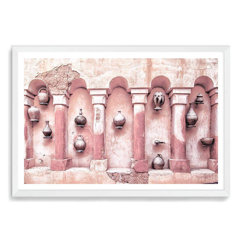 Moroccan Temple-The Paper Tree-arch,arches,architecture,boho,landscape,moroccan,morocco,orange,pastel,pastel pink,pink,pots,premium art print,tan,temple,wall art,Wall_Art,Wall_Art_Prints