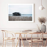 The Boat House-The Paper Tree-beach,boat,boat house,coastal,hamptons,landscape,premium art print,reeds,shore,tall grass,wall art,Wall_Art,Wall_Art_Prints