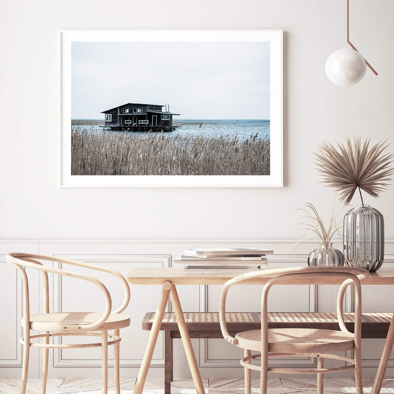 The Boat House-The Paper Tree-beach,boat,boat house,coastal,hamptons,landscape,premium art print,reeds,shore,tall grass,wall art,Wall_Art,Wall_Art_Prints