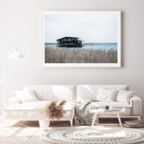 The Boat House-The Paper Tree-beach,boat,boat house,coastal,hamptons,landscape,premium art print,reeds,shore,tall grass,wall art,Wall_Art,Wall_Art_Prints