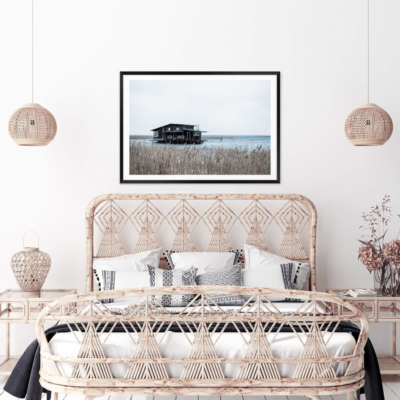 The Boat House-The Paper Tree-beach,boat,boat house,coastal,hamptons,landscape,premium art print,reeds,shore,tall grass,wall art,Wall_Art,Wall_Art_Prints