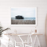 The Boat House-The Paper Tree-beach,boat,boat house,coastal,hamptons,landscape,premium art print,reeds,shore,tall grass,wall art,Wall_Art,Wall_Art_Prints