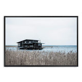 The Boat House-The Paper Tree-beach,boat,boat house,coastal,hamptons,landscape,premium art print,reeds,shore,tall grass,wall art,Wall_Art,Wall_Art_Prints