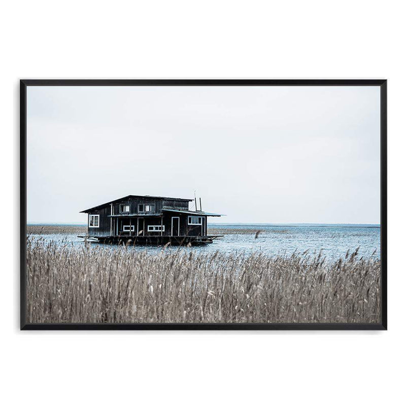 The Boat House-The Paper Tree-beach,boat,boat house,coastal,hamptons,landscape,premium art print,reeds,shore,tall grass,wall art,Wall_Art,Wall_Art_Prints