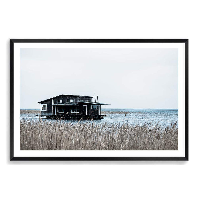 The Boat House-The Paper Tree-beach,boat,boat house,coastal,hamptons,landscape,premium art print,reeds,shore,tall grass,wall art,Wall_Art,Wall_Art_Prints