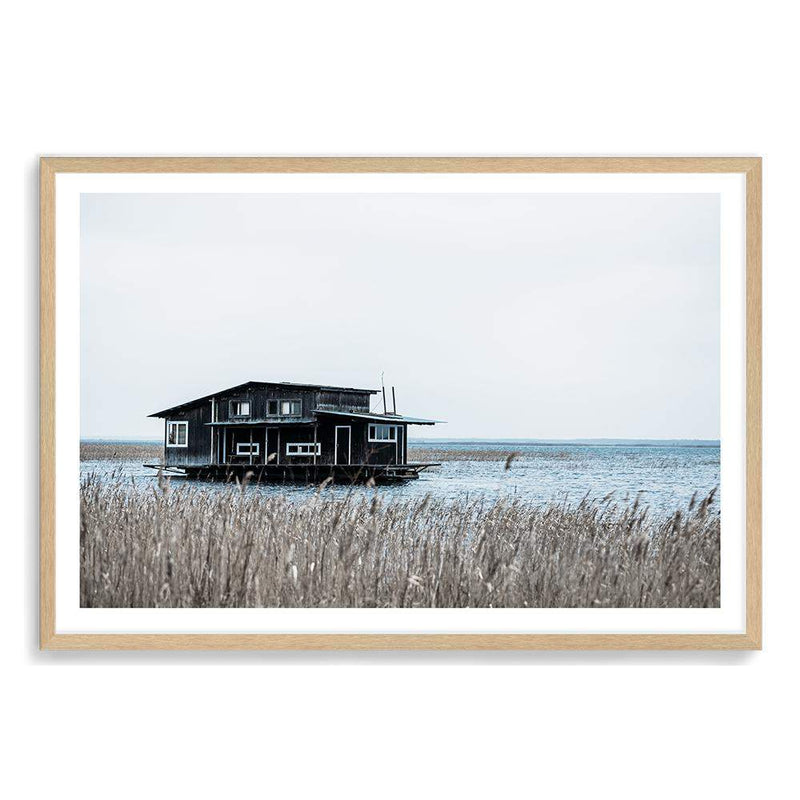 The Boat House-The Paper Tree-beach,boat,boat house,coastal,hamptons,landscape,premium art print,reeds,shore,tall grass,wall art,Wall_Art,Wall_Art_Prints