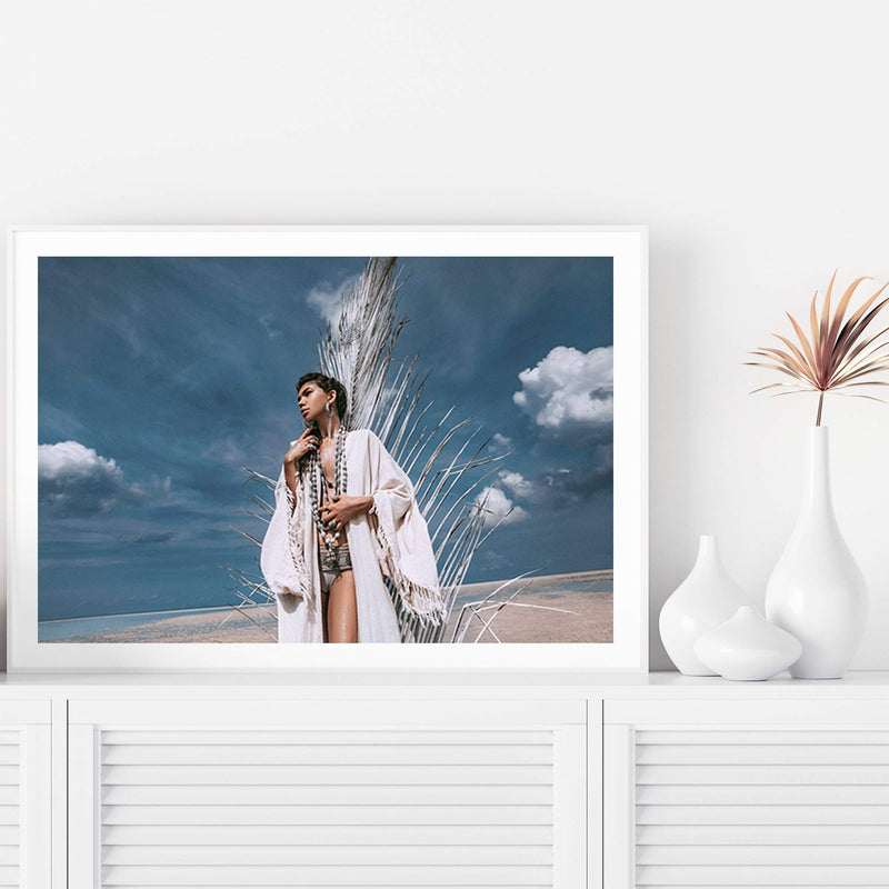 Tribal Woman In White-The Paper Tree-blue,bohemian,boho,feature,gypsy,landscape,palm frond,premium art print,tribal,wall art,Wall_Art,Wall_Art_Prints,white,woman