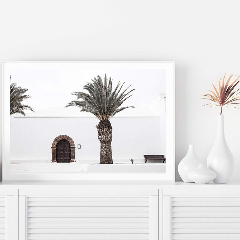 The Spanish Church-The Paper Tree-architecture,boho,building,church,hamptons,landscape,neutral,old building,palm,palm tree,premium art print,spain,spanish,travel,wall art,Wall_Art,Wall_Art_Prints,white