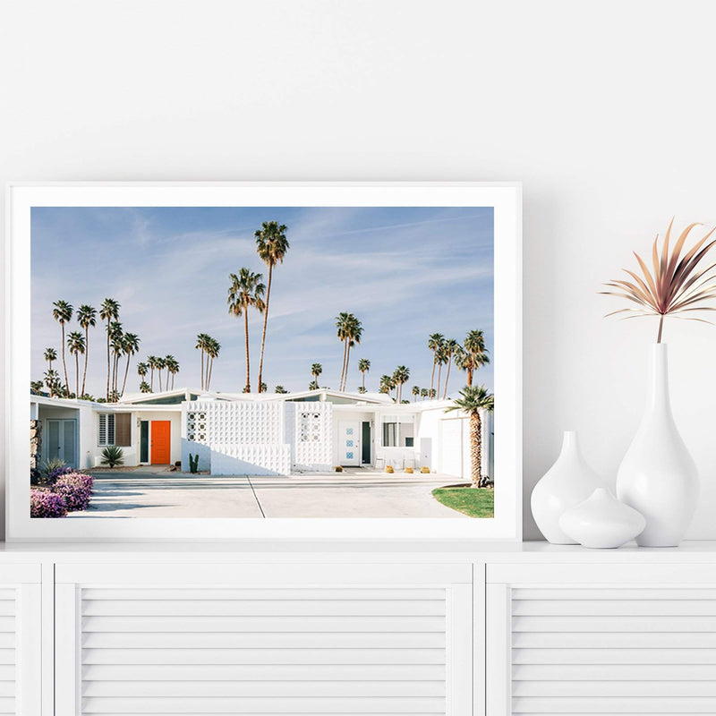 Palm Springs House-The Paper Tree-america,architecture,blue,building,california,home,house,landscape,mid centrury,palm,palm springs,palm tree,premium art print,property,retro,slim aarons,vintage,wall art,Wall_Art,Wall_Art_Prints,white