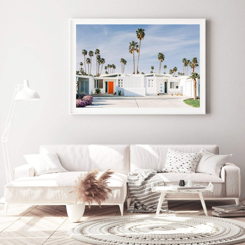 Palm Springs House-The Paper Tree-america,architecture,blue,building,california,home,house,landscape,mid centrury,palm,palm springs,palm tree,premium art print,property,retro,slim aarons,vintage,wall art,Wall_Art,Wall_Art_Prints,white