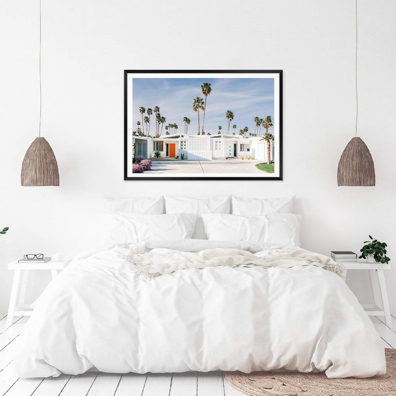 Palm Springs House-The Paper Tree-america,architecture,blue,building,california,home,house,landscape,mid centrury,palm,palm springs,palm tree,premium art print,property,retro,slim aarons,vintage,wall art,Wall_Art,Wall_Art_Prints,white