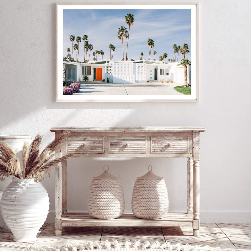 Palm Springs House-The Paper Tree-america,architecture,blue,building,california,home,house,landscape,mid centrury,palm,palm springs,palm tree,premium art print,property,retro,slim aarons,vintage,wall art,Wall_Art,Wall_Art_Prints,white