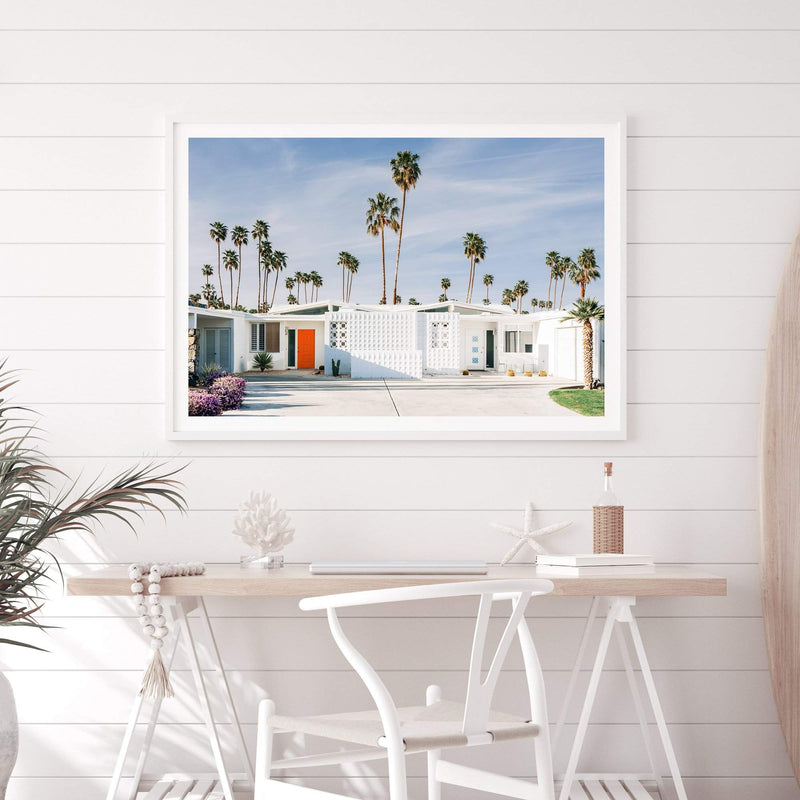 Palm Springs House-The Paper Tree-america,architecture,blue,building,california,home,house,landscape,mid centrury,palm,palm springs,palm tree,premium art print,property,retro,slim aarons,vintage,wall art,Wall_Art,Wall_Art_Prints,white