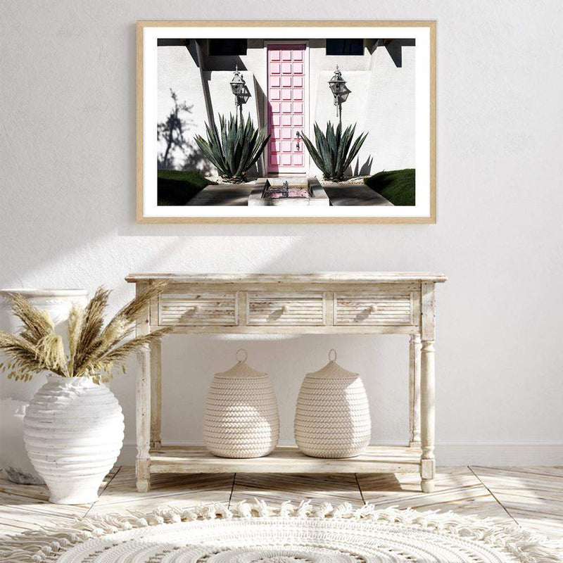 Palm Springs Pink Door-The Paper Tree-architecture,building,cactus,california,home,house,mid centrury,palm,palm springs,palm tree,pink,pink door,premium art print,property,retro,slim aarons,succulent,vintage,wall art,Wall_Art,Wall_Art_Prints,white