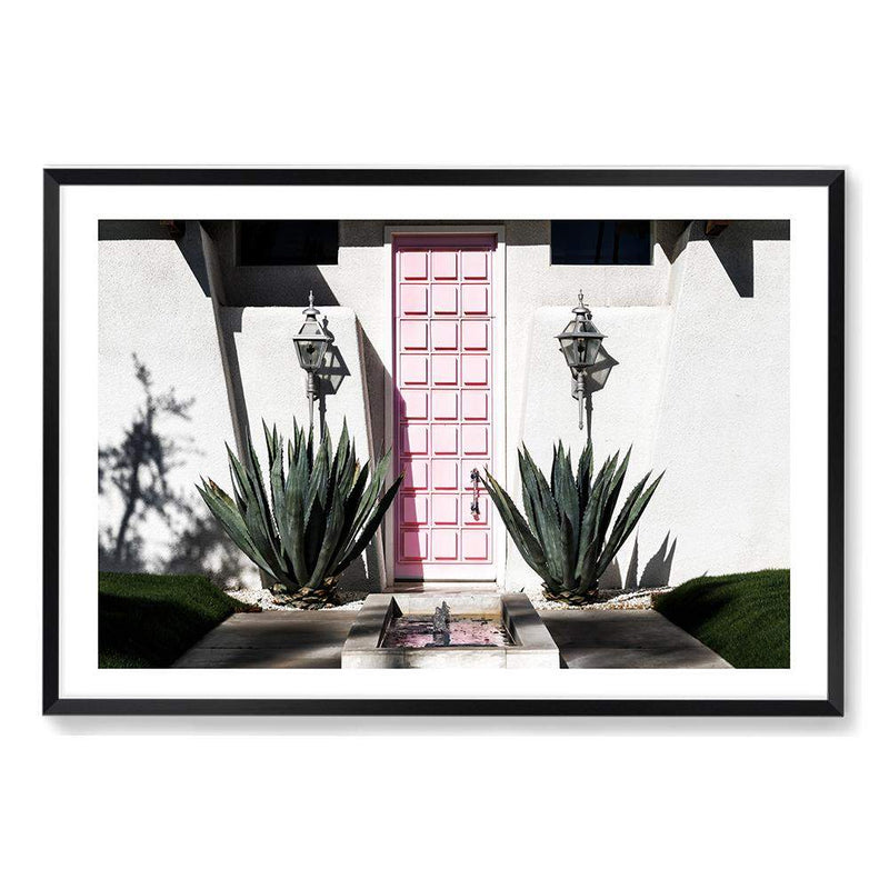 Palm Springs Pink Door-The Paper Tree-architecture,building,cactus,california,home,house,mid centrury,palm,palm springs,palm tree,pink,pink door,premium art print,property,retro,slim aarons,succulent,vintage,wall art,Wall_Art,Wall_Art_Prints,white