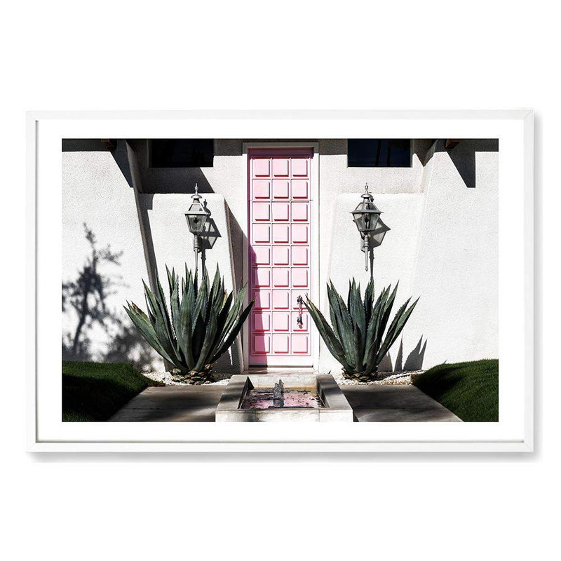 Palm Springs Pink Door-The Paper Tree-architecture,building,cactus,california,home,house,mid centrury,palm,palm springs,palm tree,pink,pink door,premium art print,property,retro,slim aarons,succulent,vintage,wall art,Wall_Art,Wall_Art_Prints,white