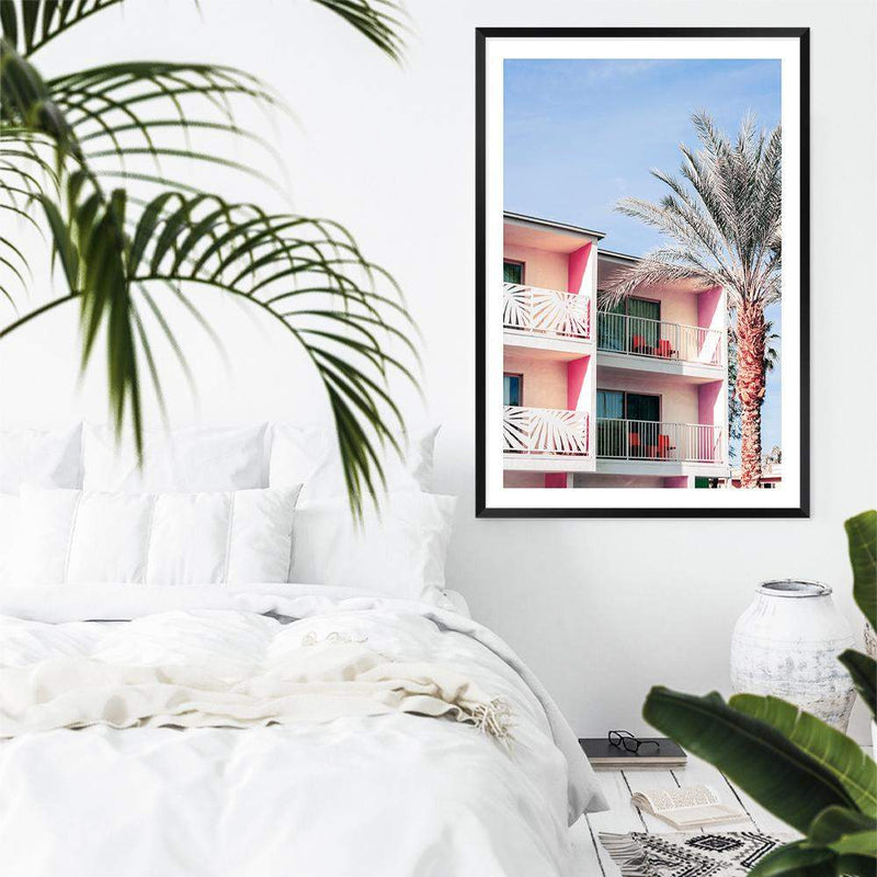 Palm Springs Hotel-The Paper Tree-america,architecture,blue,building,california,colourful,hotel,house,mid century,midcentury,motel,palm,palm springs,pink,portrait,premium art print,property,resort,retro,slim aarons,wall art,Wall_Art,Wall_Art_Prints,yellow